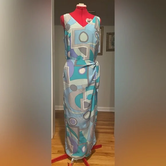 Y2K 90s Spenser Jeremy 100% Silk Mod Printed Faux Wrap Maxi Sun Dress - Picture 3 of 8